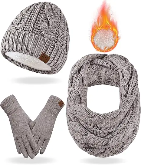 REACH STAR Winter Beanie Hat, Scarf & Touchscreen Gloves Set for Women (3-in-1)