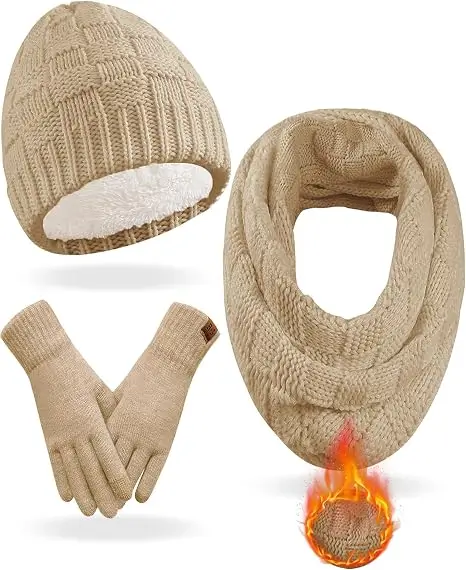 REACH STAR Women's Winter Beanie Hat, Touchscreen Gloves & Long Scarf Set (3-in-1)