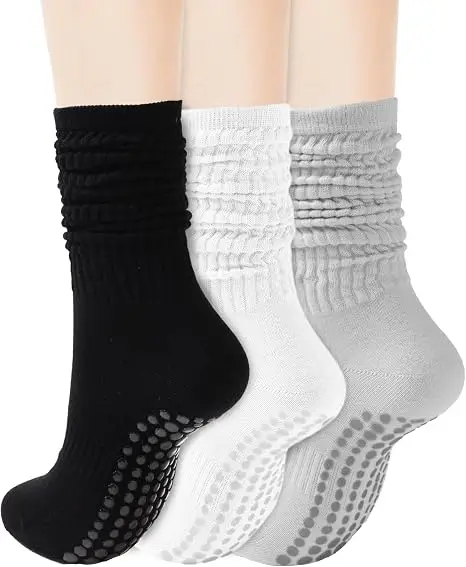 REACH STAR Grip Pilates Socks for Women, Slouch Socks with Non-Slip Grips (3 Pairs)