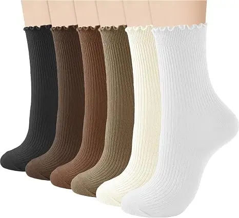 REACH STAR Socks for Women, 6-Pair Cotton Crew Ruffle Socks